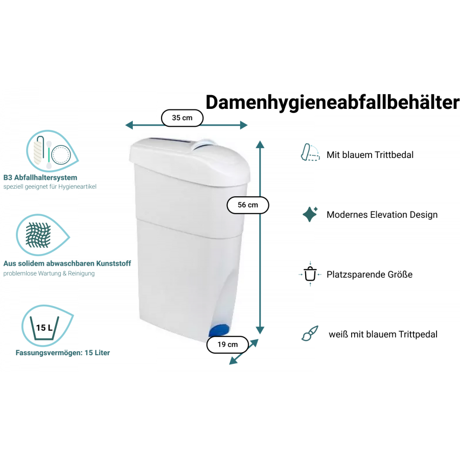 Damenhygiene-Behälter geschlossen mit Fußpedal zum einfachen öffnen - für  sanitäre Abfälle, Damenbinden, Tampons etc.